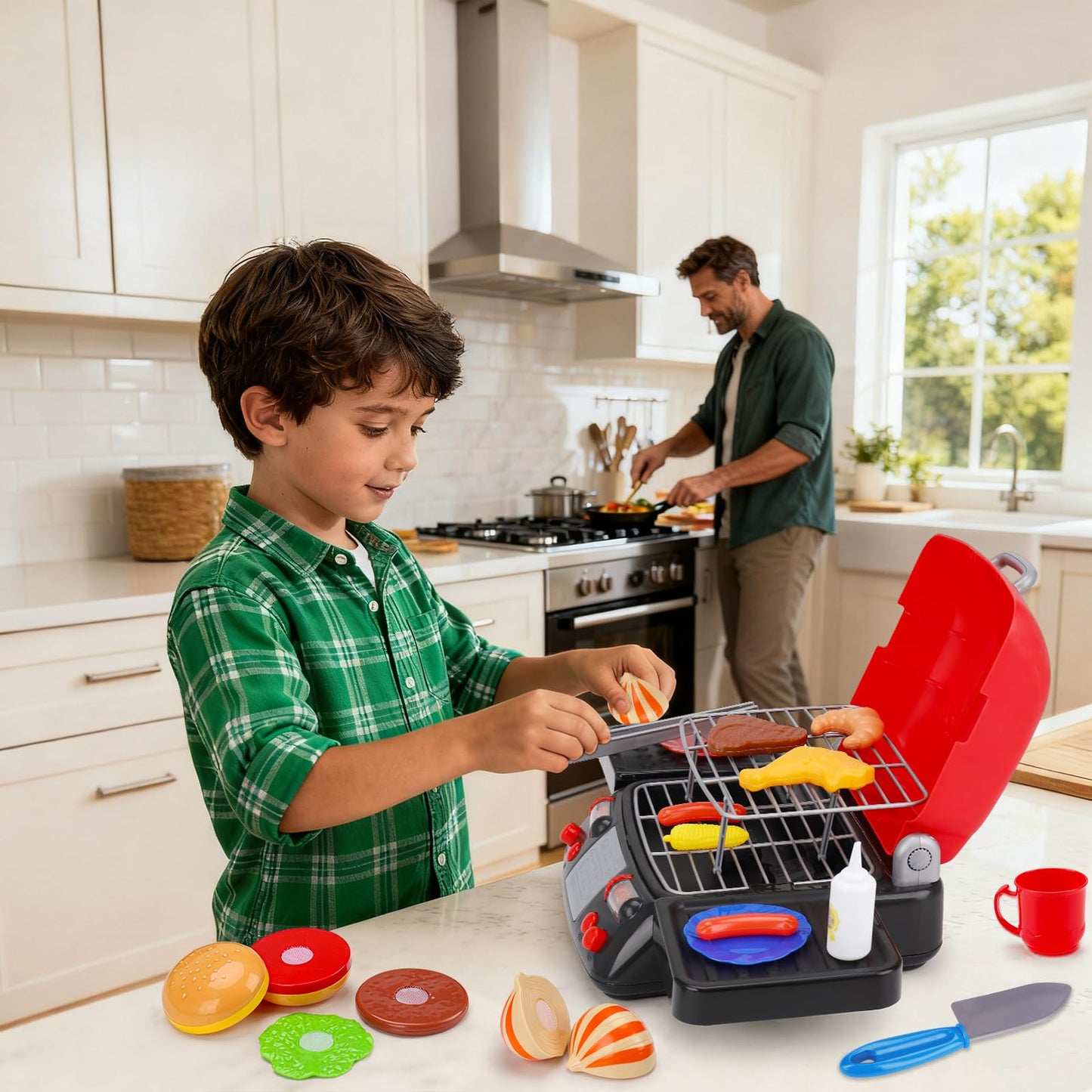 AugToy Kids Grill Play Food with Smoke – Lights & Sound BBQ Toy for 2-6 Year Olds