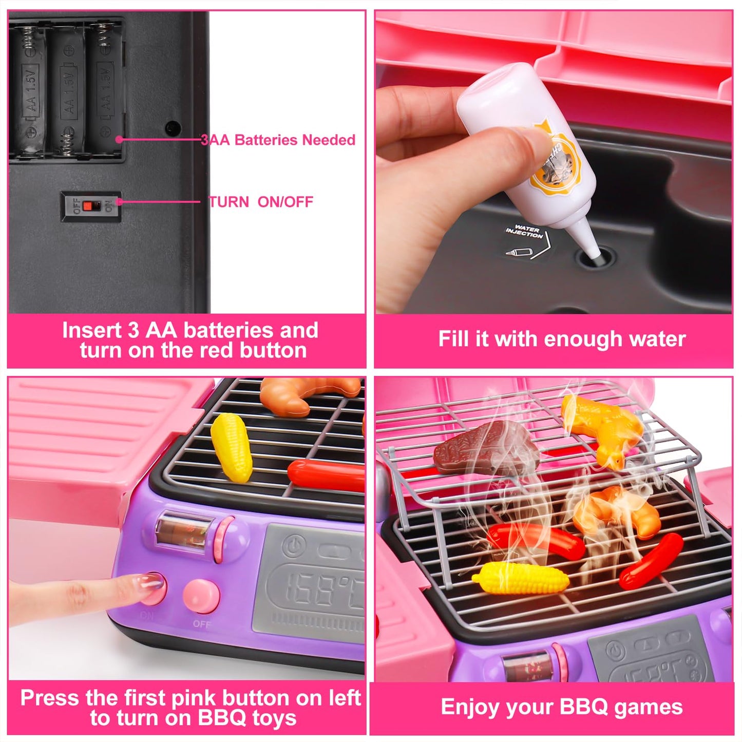 AugToy Kids BBQ Grill Playset – Pink Pretend Grill with Light, Smoke & Sound for Ages 3-8