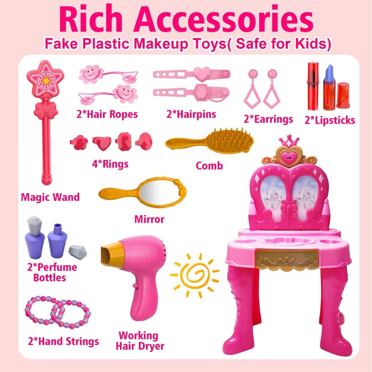 AugToy Toddler Vanity Set with Magic Mirror – Pink Table & Chair for 2-5 Year Old Girls