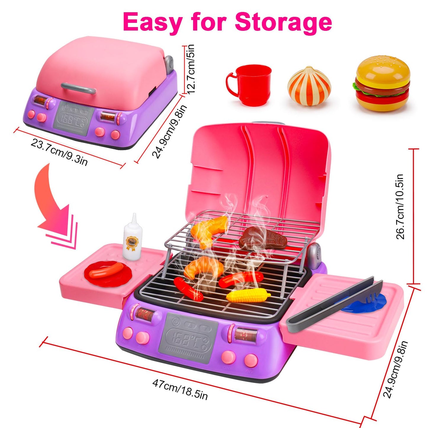 AugToy Kids BBQ Grill Playset – Pink Pretend Grill with Light, Smoke & Sound for Ages 3-8
