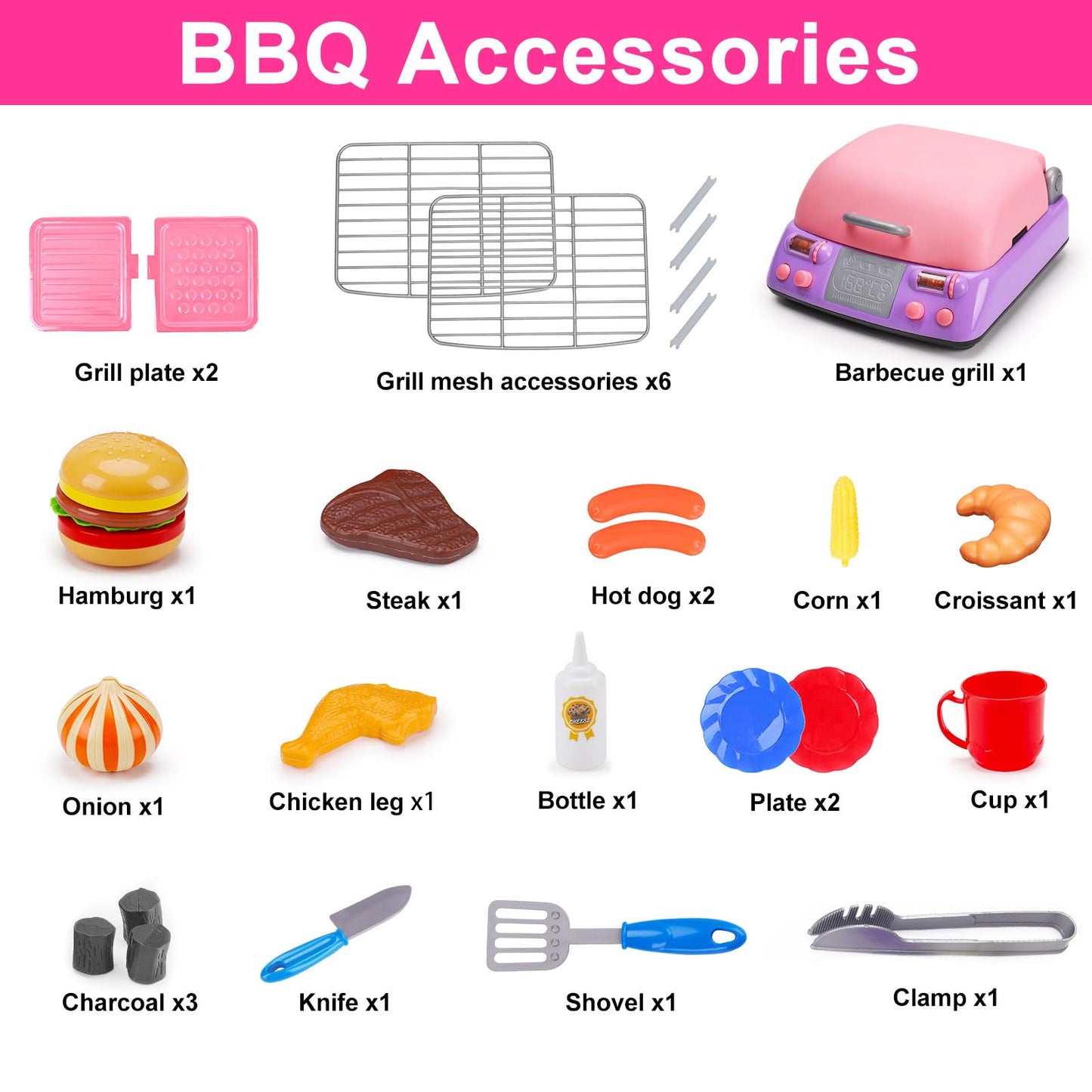 AugToy Kids BBQ Grill Playset – Pink Pretend Grill with Light, Smoke & Sound for Ages 3-8