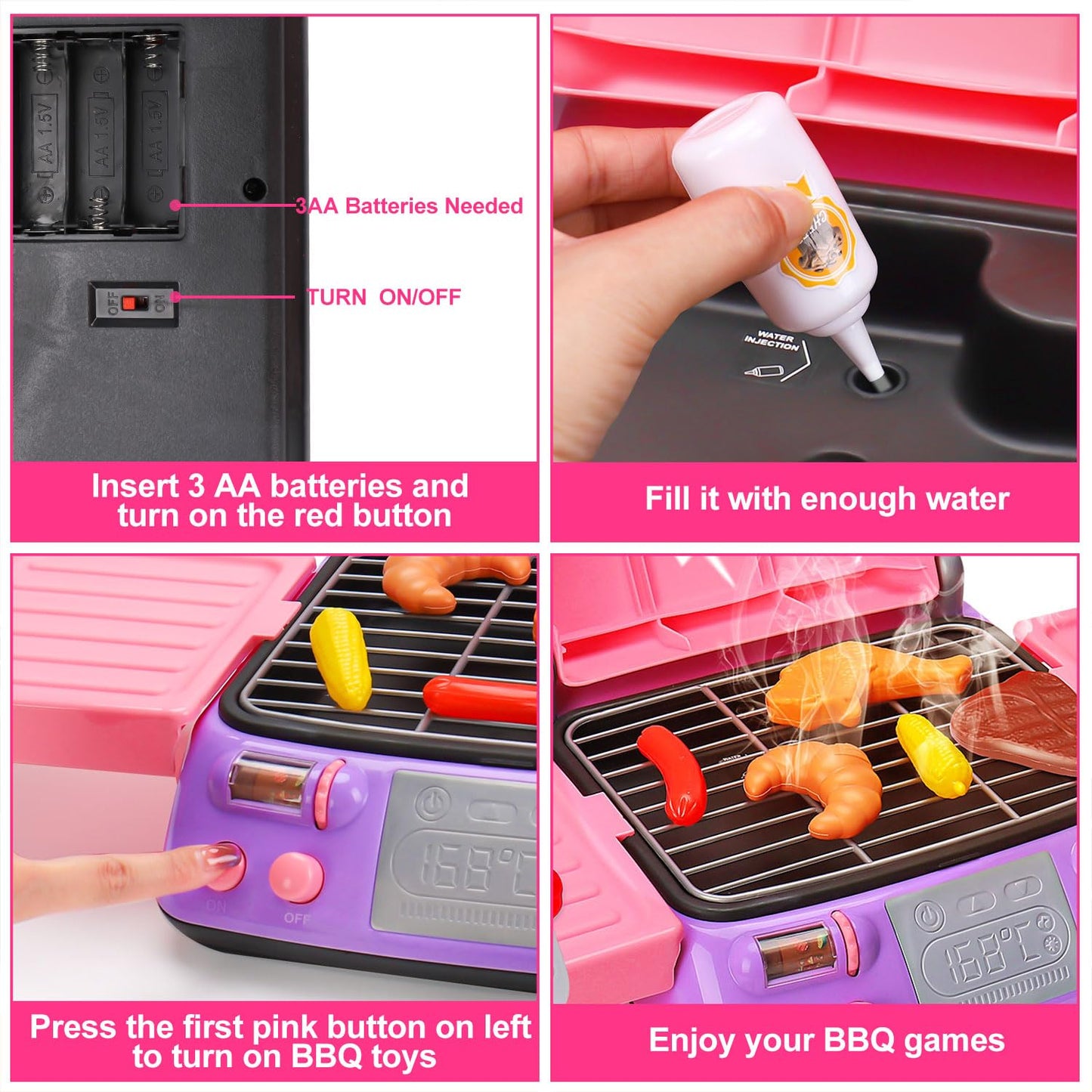 AugToy Kids BBQ Grill Playset with Apron Hat – Pink Pretend Kitchen Toy for Girls Aged 3-8