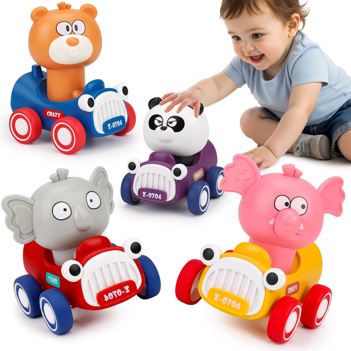 AugToy Press and Go Toy Cars for Toddlers 1-3 | Battery-Free Animal Racing Cars