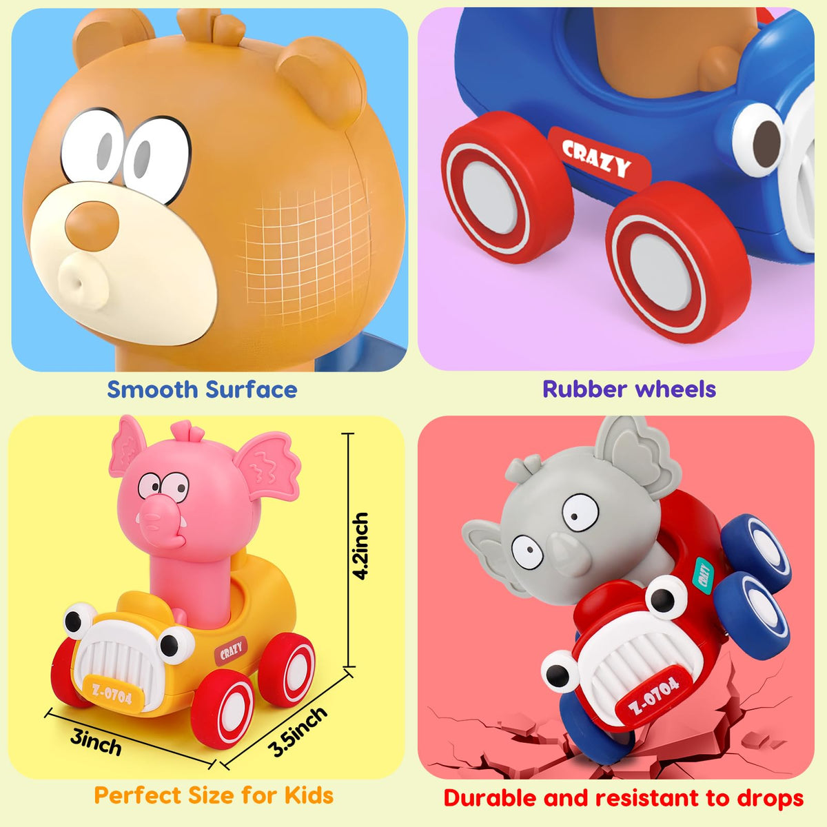 AugToy Press and Go Toy Cars for Toddlers 1-3 | Battery-Free Animal Racing Cars