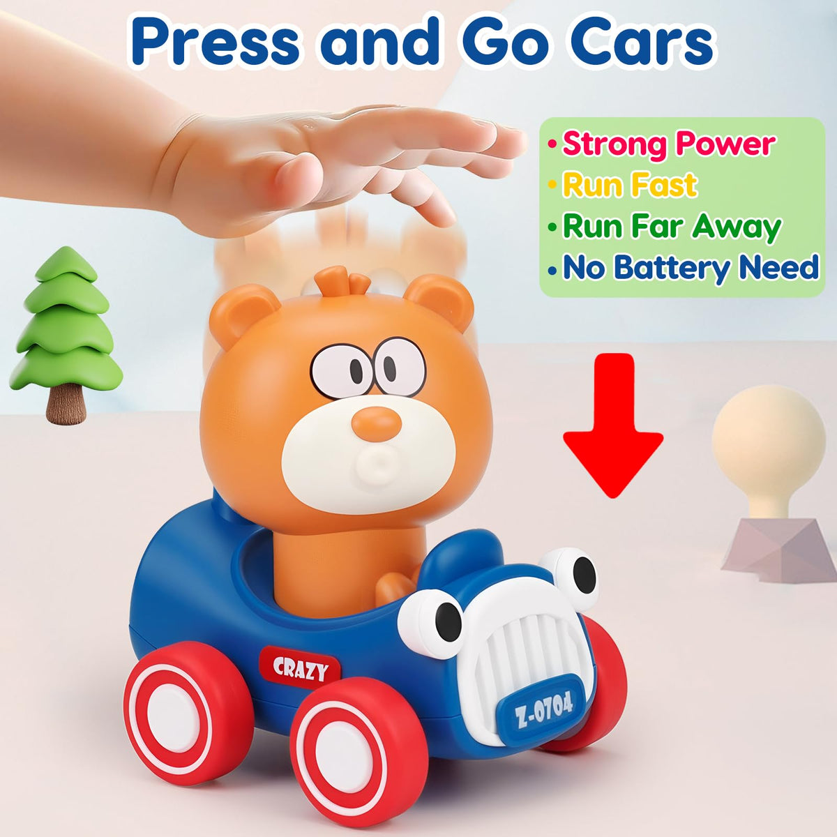 AugToy Press and Go Toy Cars for Toddlers 1-3 | Battery-Free Animal Racing Cars