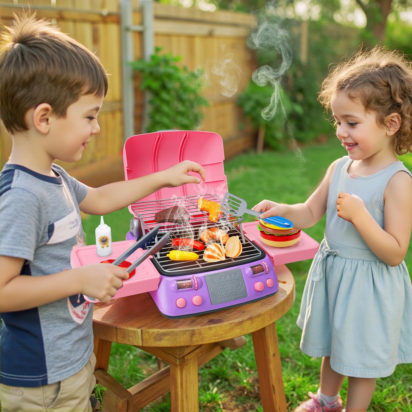 AugToy Kids BBQ Grill Playset – Pink Pretend Grill with Light, Smoke & Sound for Ages 3-8