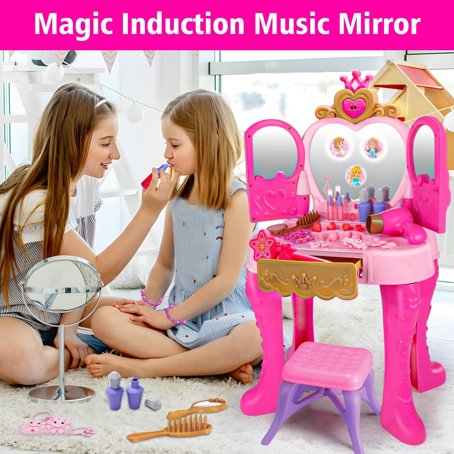 AugToy Toddler Vanity Set with Magic Mirror – Pink Table & Chair for 2-5 Year Old Girls