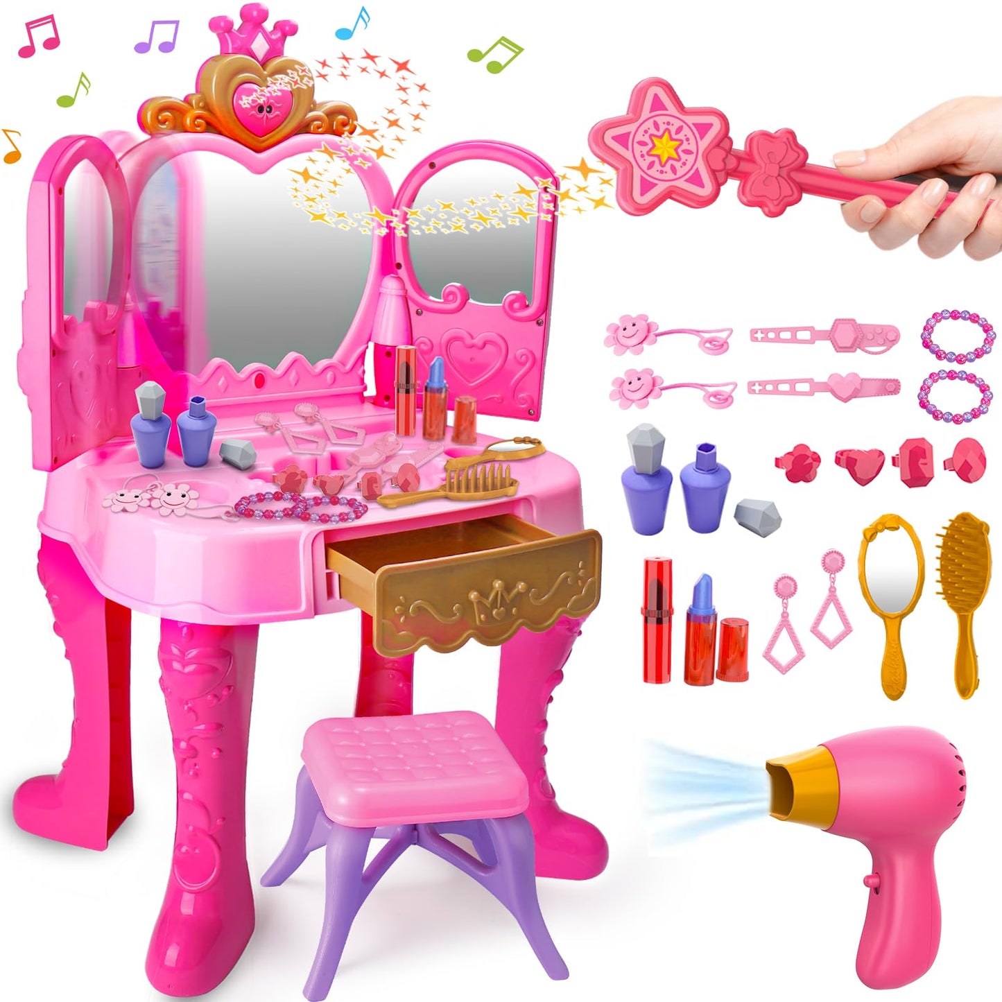 AugToy Toddler Vanity Set with Magic Mirror – Pink Table & Chair for 2-5 Year Old Girls