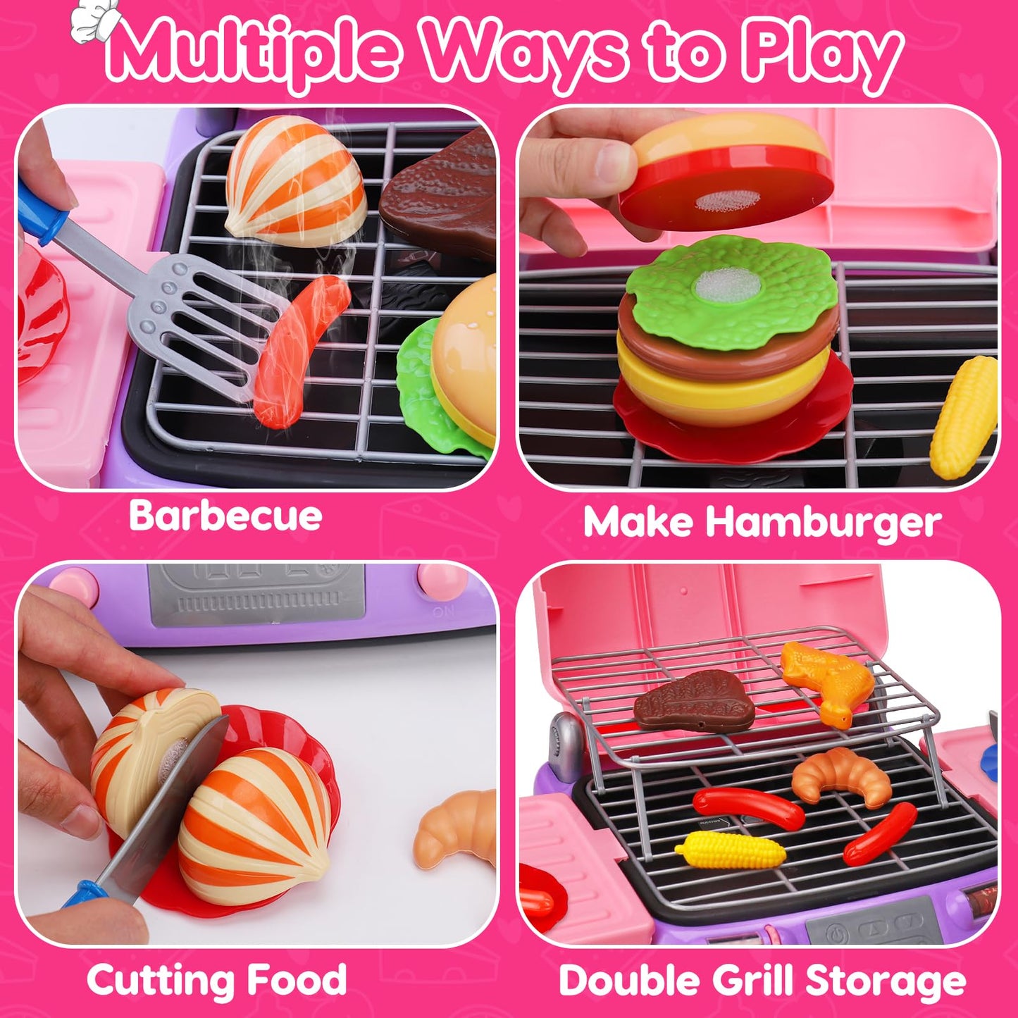 AugToy Kids BBQ Grill Playset with Apron Hat – Pink Pretend Kitchen Toy for Girls Aged 3-8