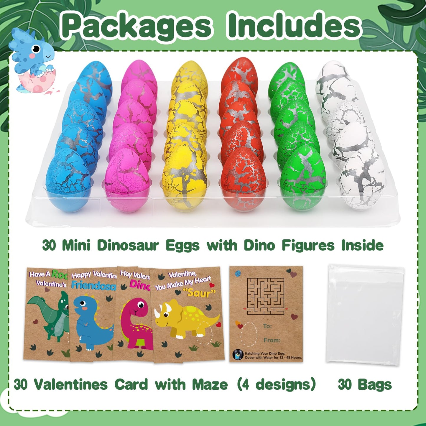 AugToy Valentines Day Gifts for Kids – 30 Pack Hatching Dinosaur Egg Cards