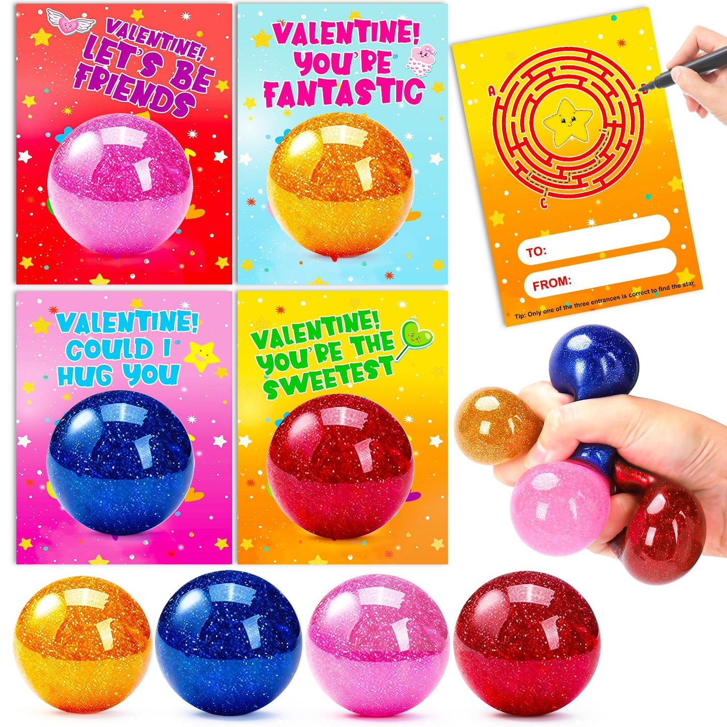 AugToy 24-Pack Valentines Day Fidget Stress Balls for Kids – Classroom Gift Exchange & Party Favors