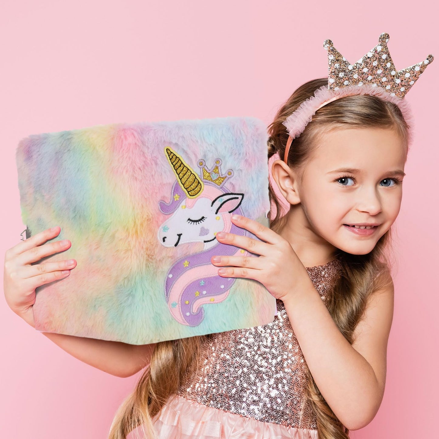 Auidy 6TXD Unicorn Plush Diary with Lock — Fuzzy Journal for Girls