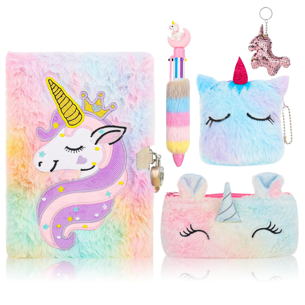 Auidy 6TXD Unicorn Plush Diary with Lock — Fuzzy Journal for Girls