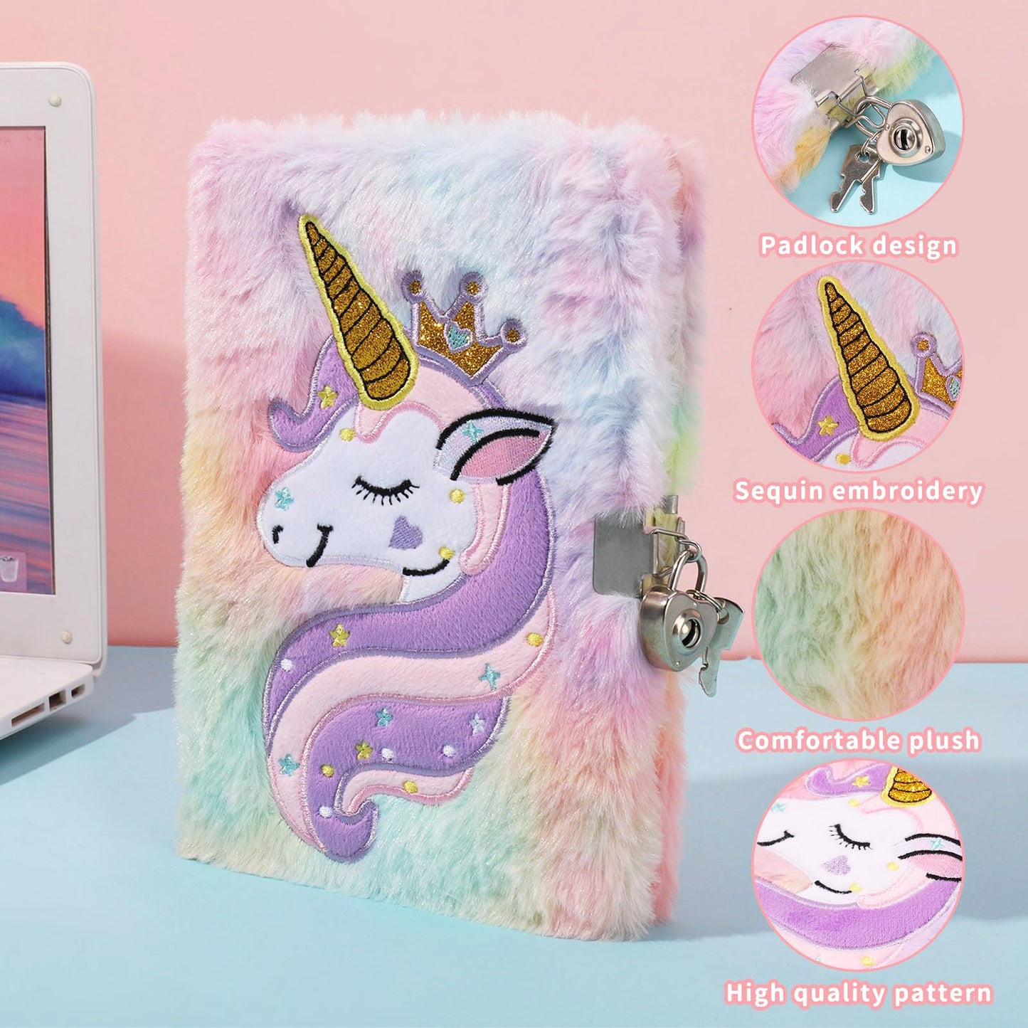Auidy 6TXD Unicorn Plush Diary with Lock — Fuzzy Journal for Girls