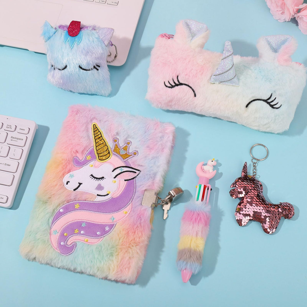 Auidy 6TXD Unicorn Plush Diary with Lock — Fuzzy Journal for Girls