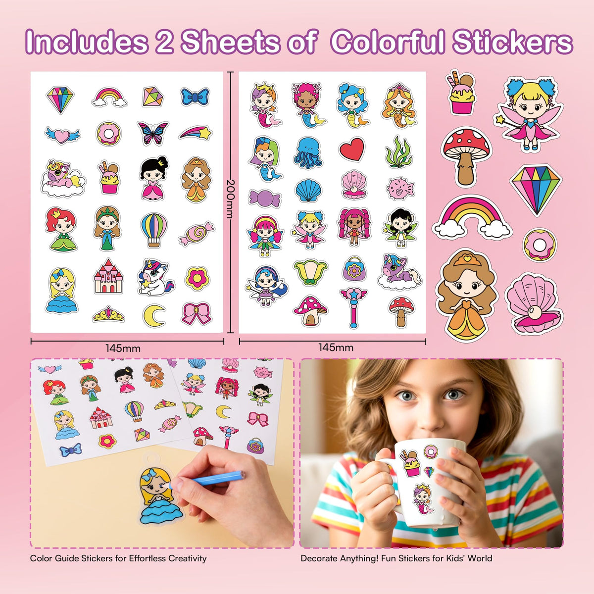 Auihiay DIY Shrinking Art Kit for Kids - 48 Pre-Cut Charms, Unicorn & Princess Shapes