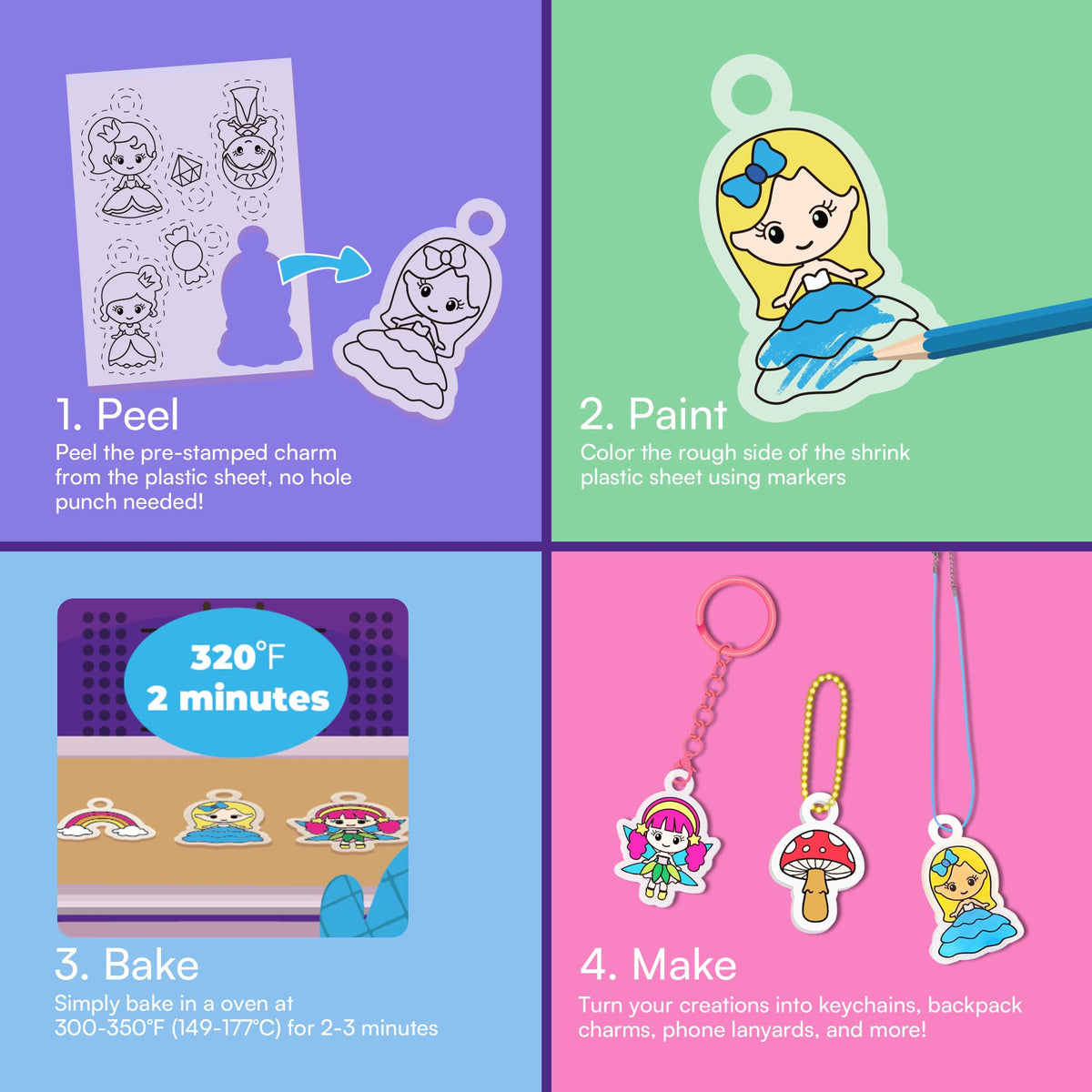 Auihiay DIY Shrinking Art Kit for Kids - 48 Pre-Cut Charms, Unicorn & Princess Shapes