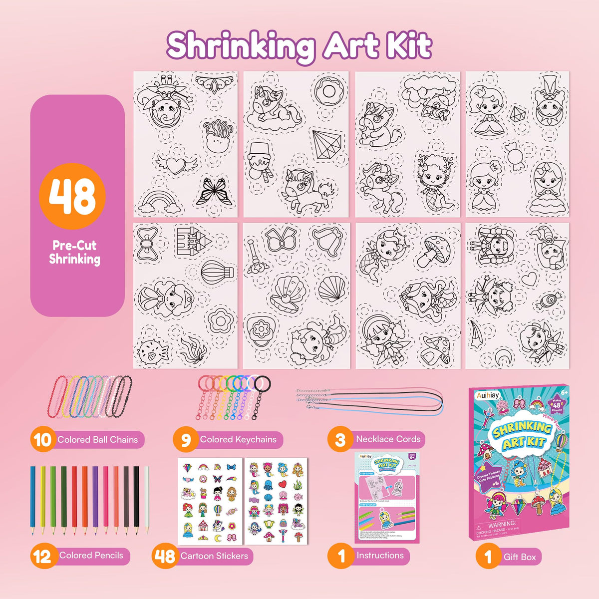 Auihiay DIY Shrinking Art Kit for Kids - 48 Pre-Cut Charms, Unicorn & Princess Shapes