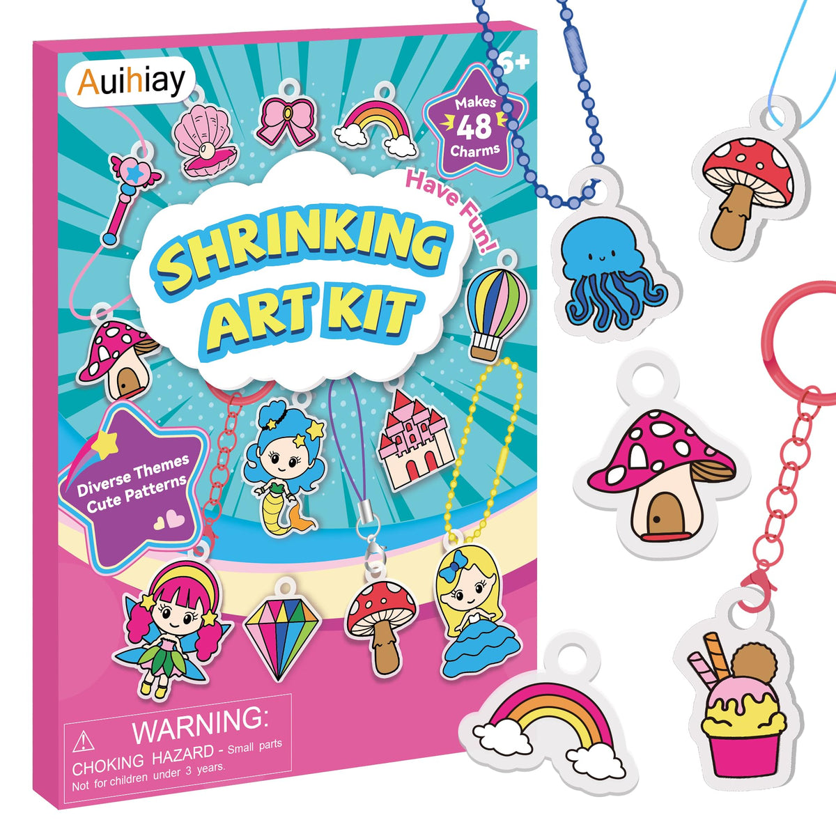 Auihiay DIY Shrinking Art Kit for Kids - 48 Pre-Cut Charms, Unicorn & Princess Shapes