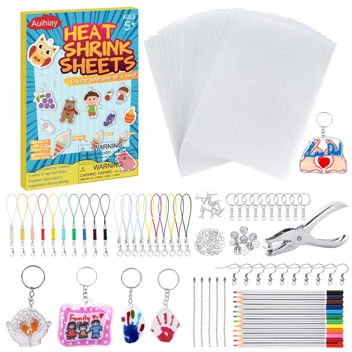 Auihiay 198-Piece Shrink Plastic Kit – Blank Sheets, Pencils, Hole Punch & Keychain Accessories