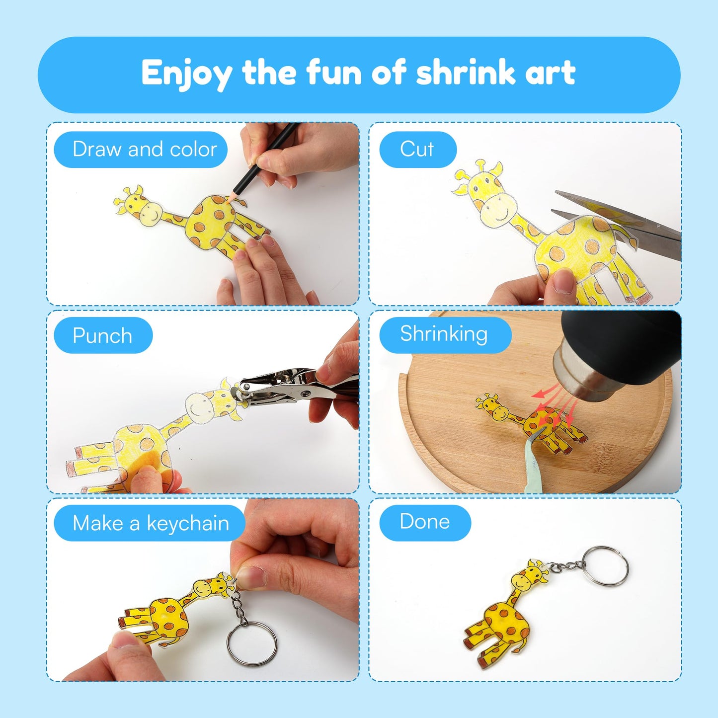 Auihiay 198-Piece Shrink Plastic Kit – Blank Sheets, Pencils, Hole Punch & Keychain Accessories