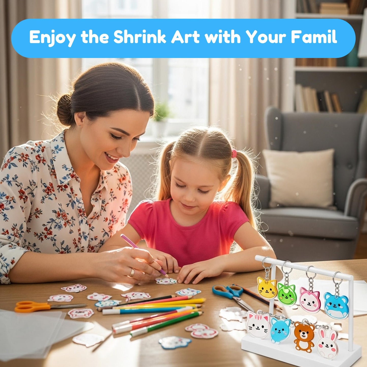 Auihiay 198-Piece Shrink Plastic Kit – Blank Sheets, Pencils, Hole Punch & Keychain Accessories