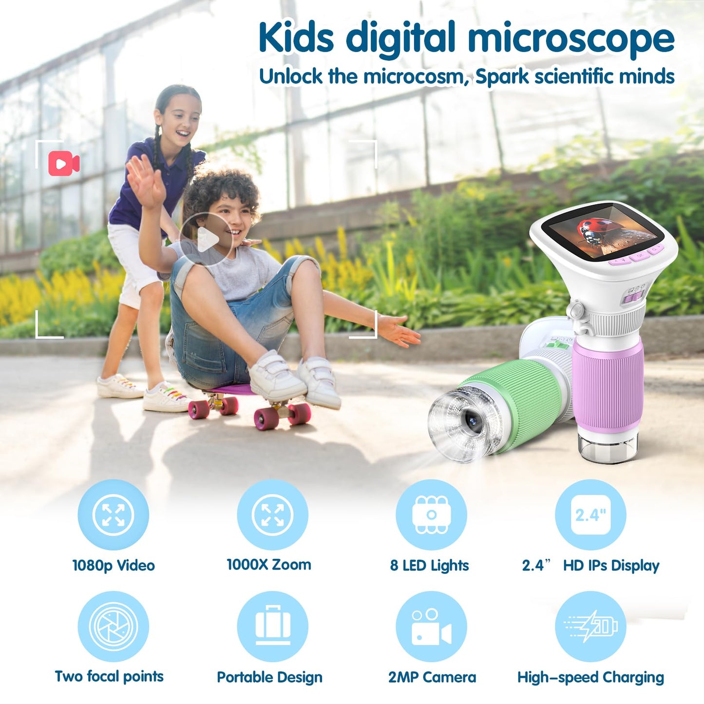 AUKCLAX 1000X Recordable Kids Microscope – 2.4inch IPS Screen, 200–1000X Magnification, USB & Storage