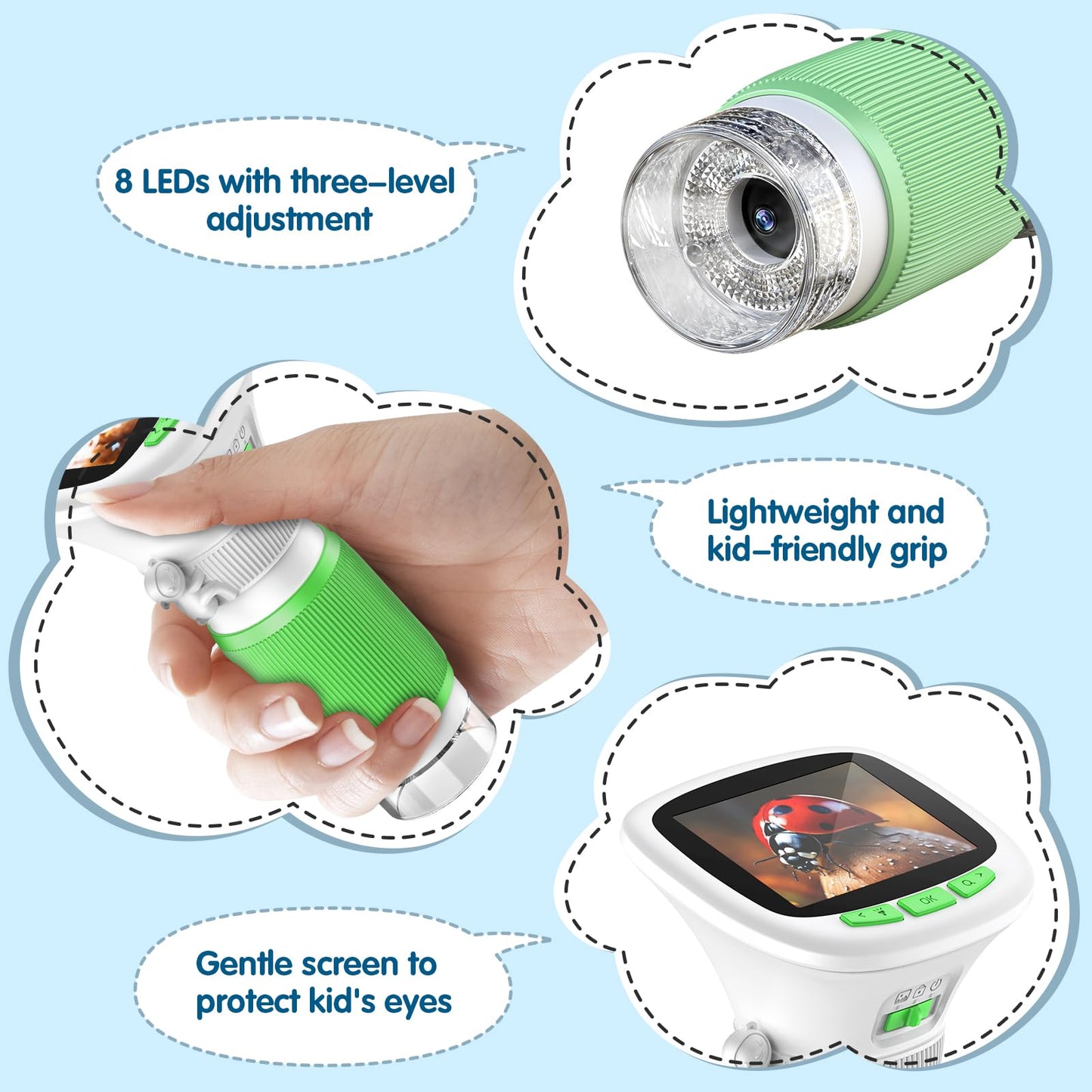 AUKCLAX 1000X Recordable Kids Microscope – 2.4inch IPS Screen, 200–1000X Magnification, USB & Storage