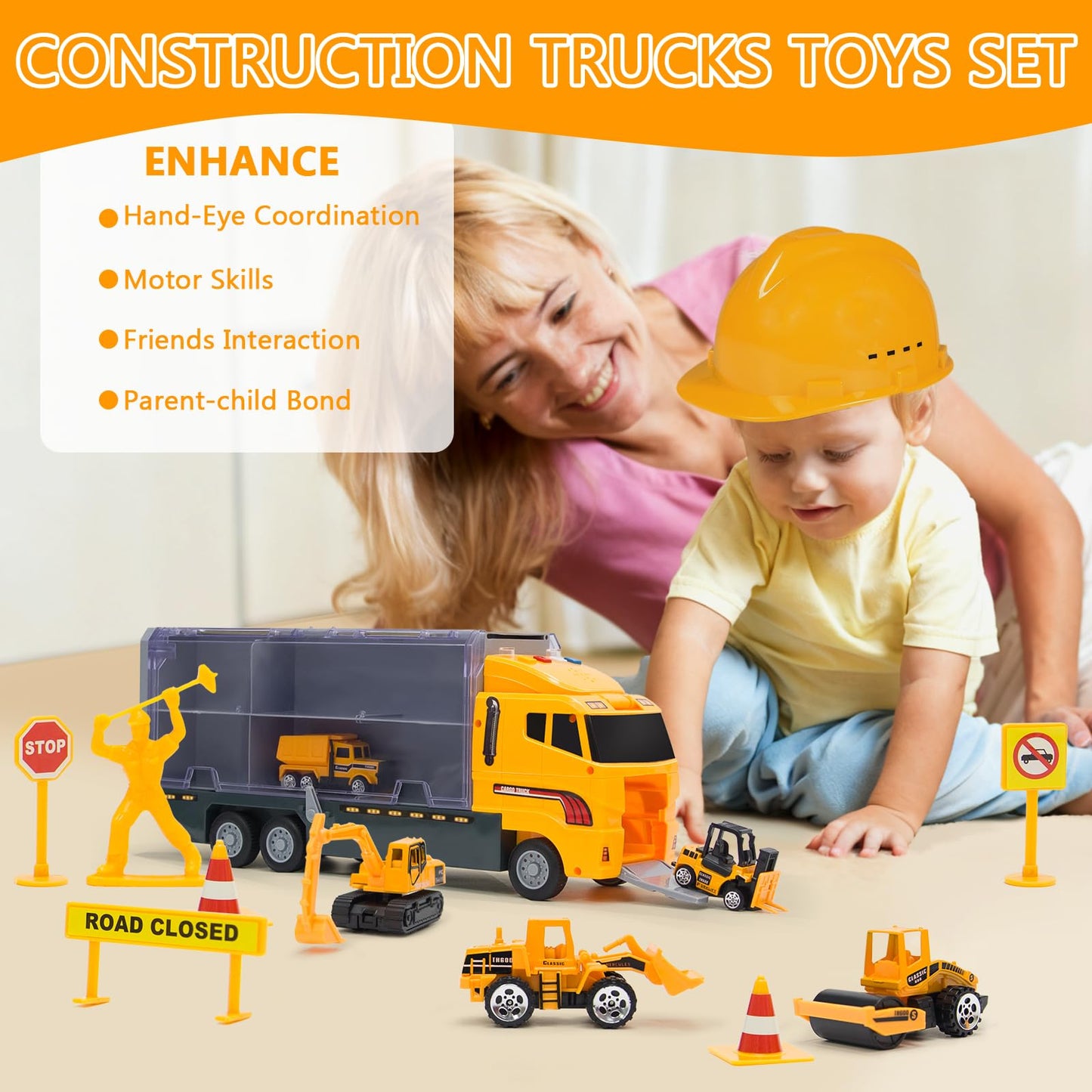 Aukdin Toddler Construction Truck Set with Play Mat – 8-Piece Die-Cast Vehicle Collection for Kids 3–7