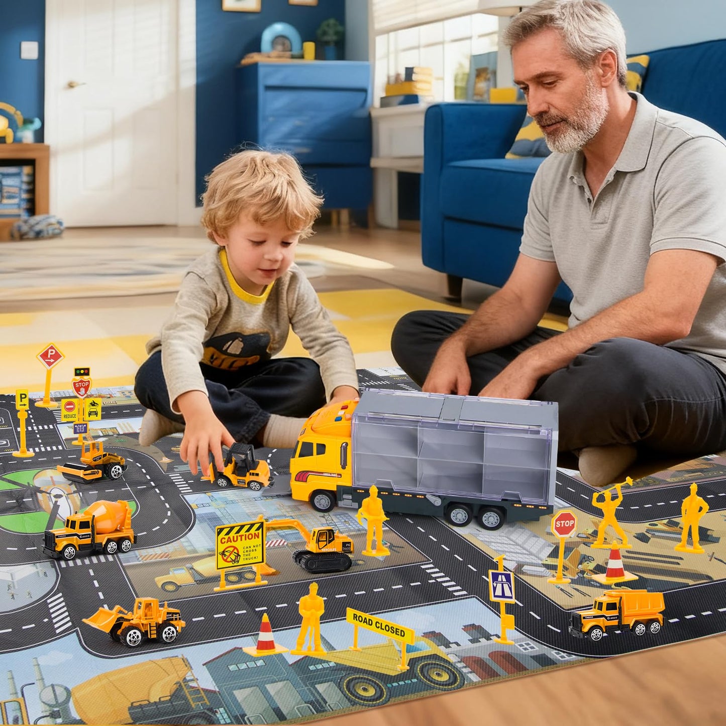 Aukdin Toddler Construction Truck Set with Play Mat – 8-Piece Die-Cast Vehicle Collection for Kids 3–7