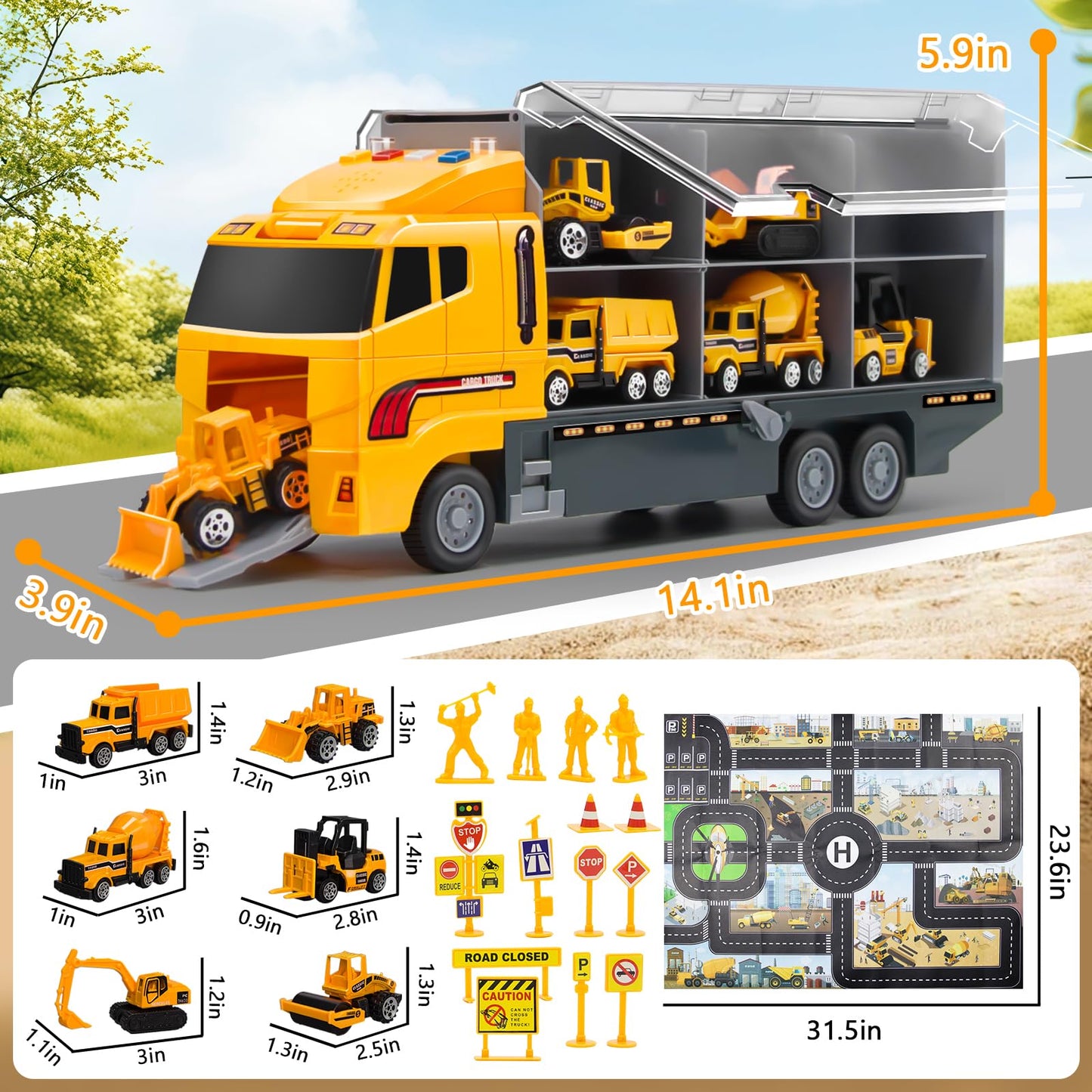 Aukdin Toddler Construction Truck Set with Play Mat – 8-Piece Die-Cast Vehicle Collection for Kids 3–7