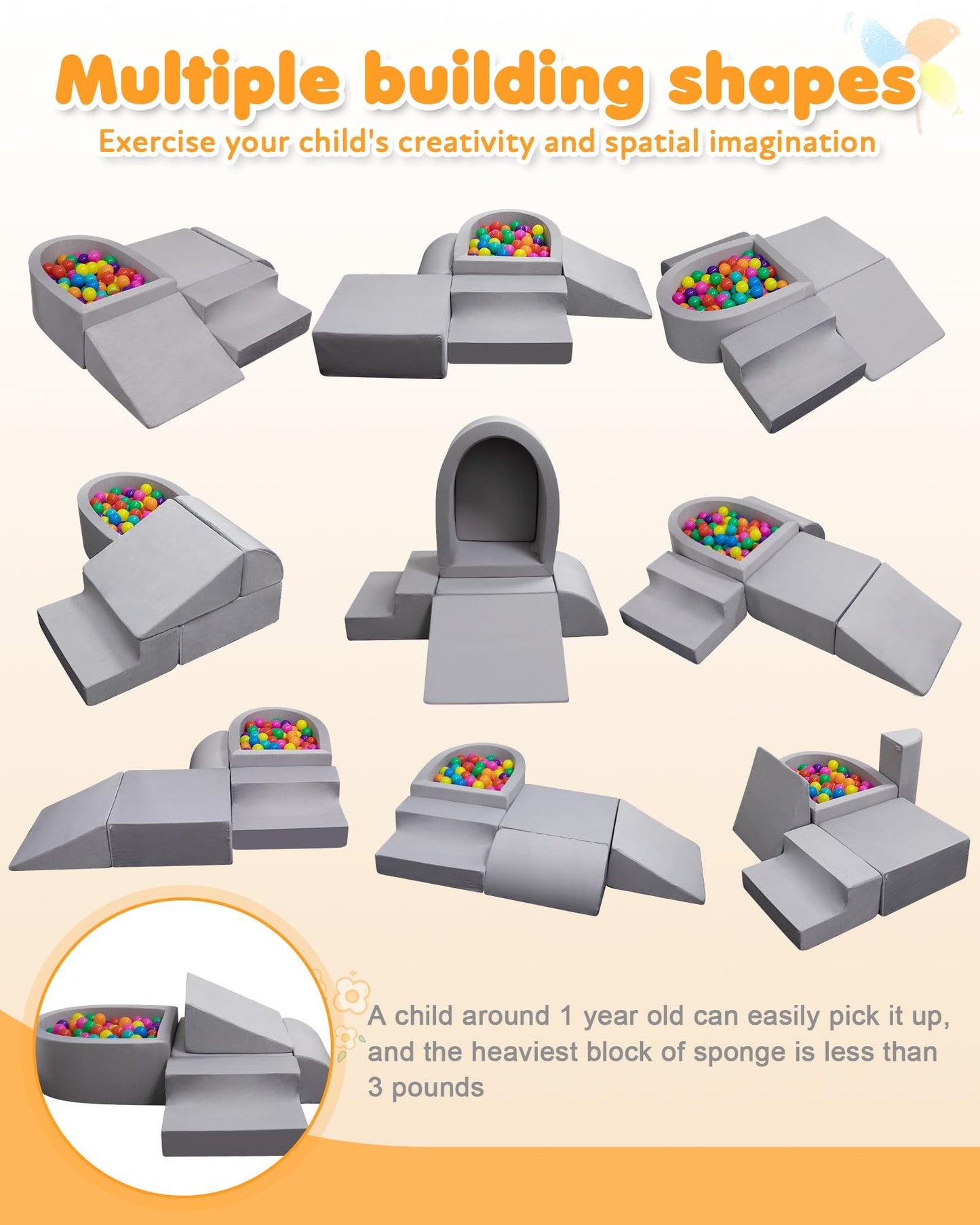 Auksay Baby Climbing Blocks - Soft Foam Climber for 6-12 Months with Anti-Slip Base (Grey)