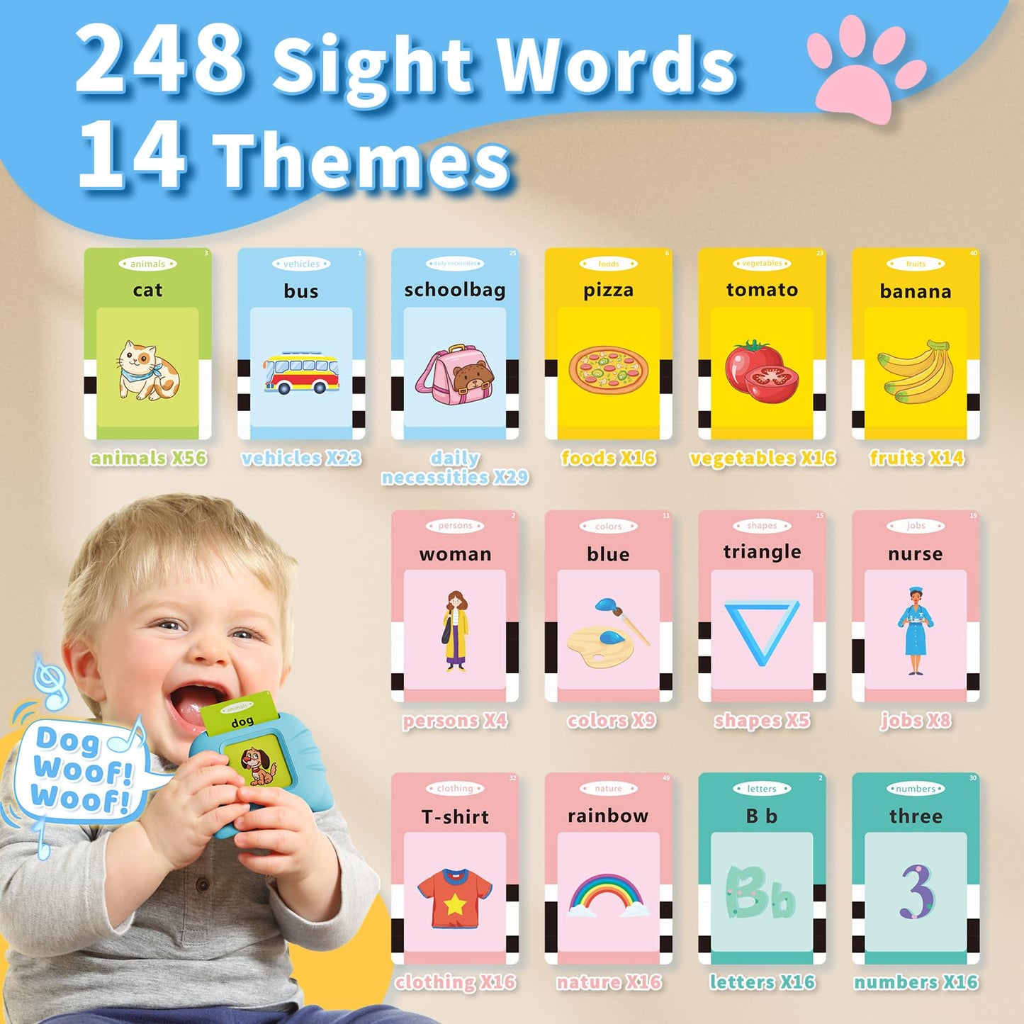 Aullsaty Toddler Talking Flash Cards – 248 Sight Words, Montessori Learning