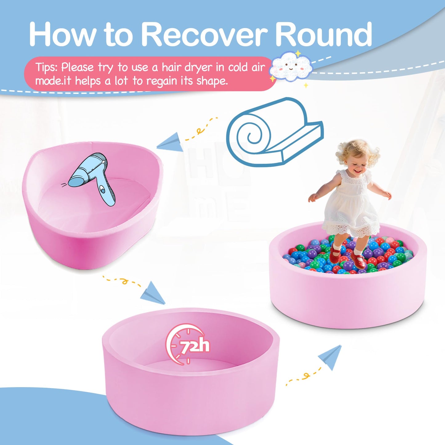 Aunekiv 35.4in x 11.8in Foam Ball Pit for Toddlers – Pink