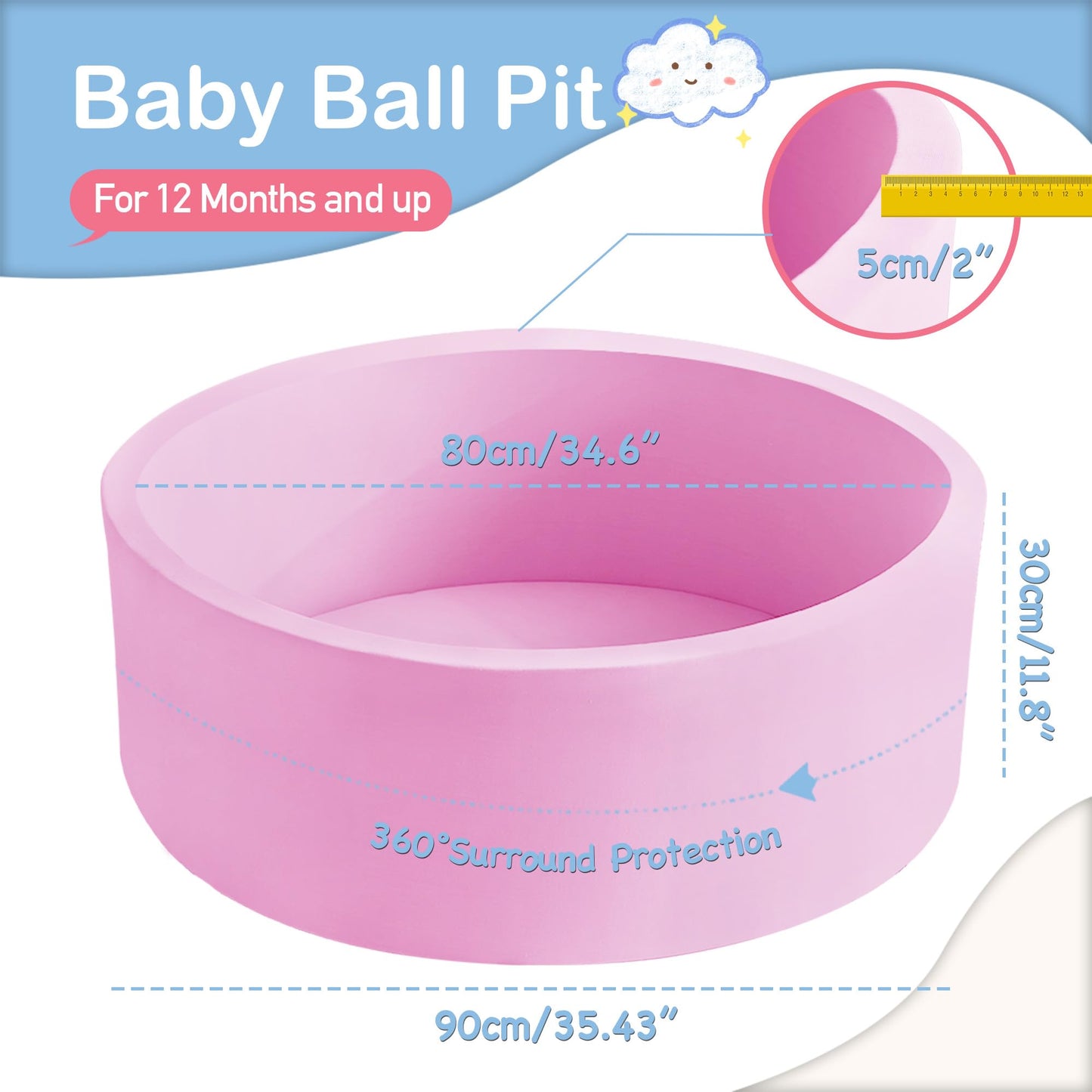 Aunekiv 35.4in x 11.8in Foam Ball Pit for Toddlers – Pink