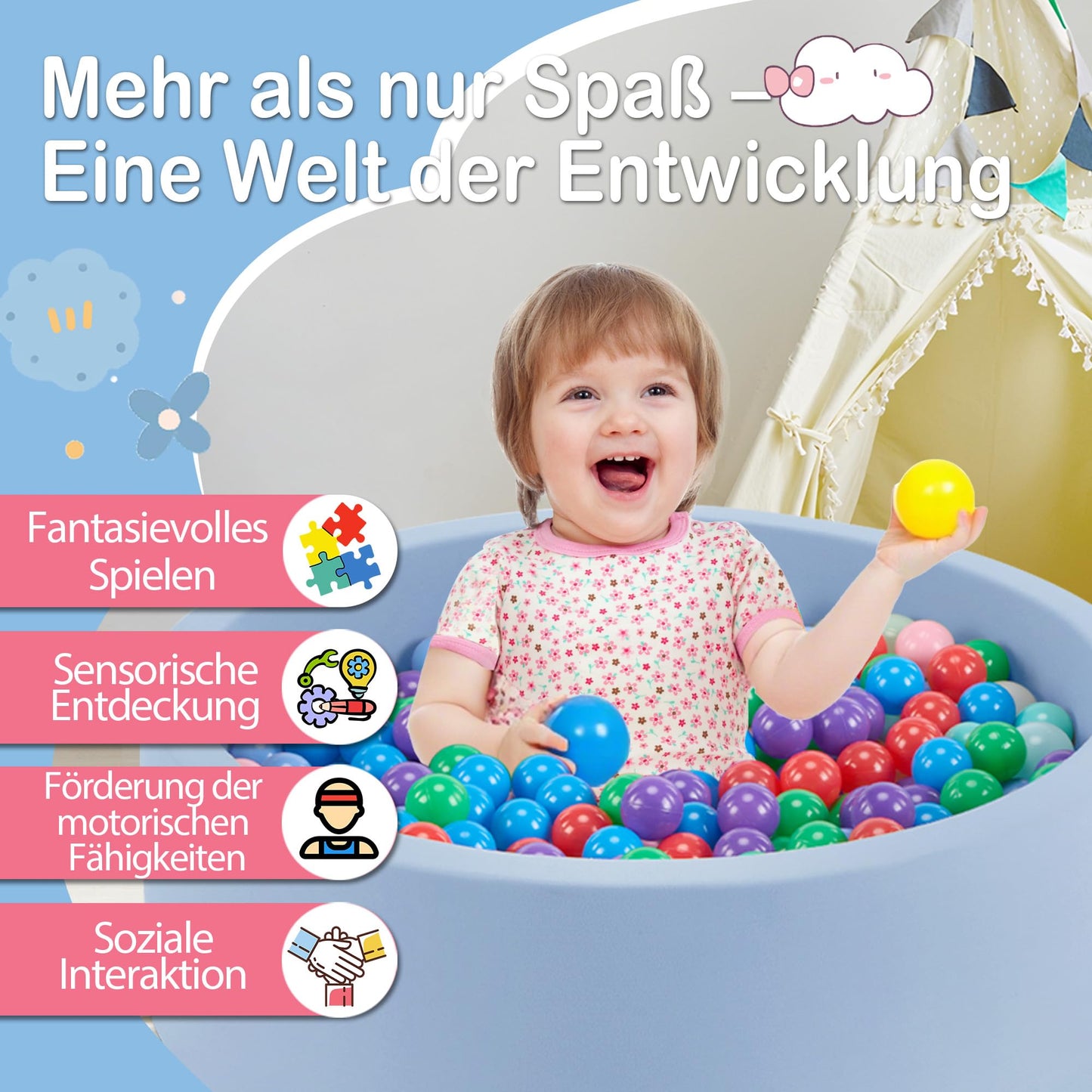 Aunekiv 35.4 x 11.8-Inch Foam Ball Pit for Toddlers – Light Blue