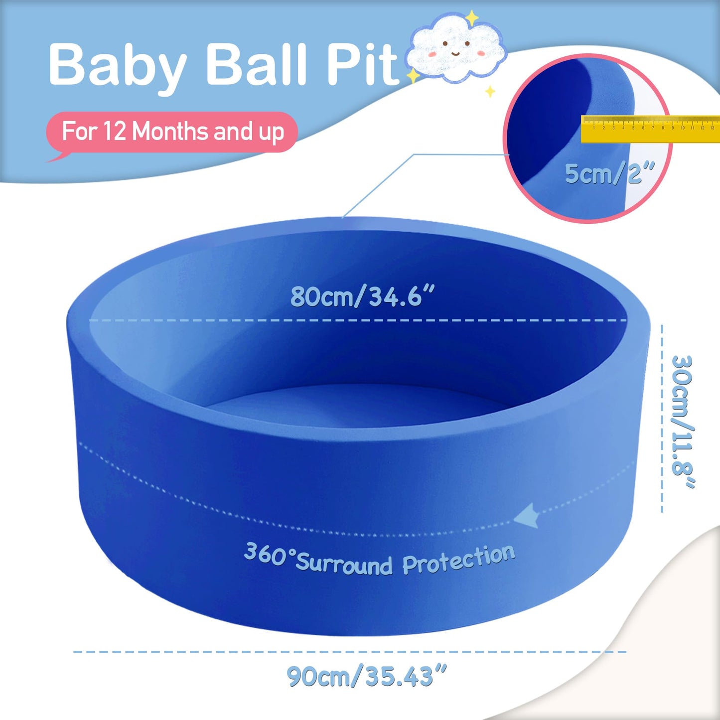 Aunekiv Foam Ball Pit for Toddlers — 35.4 x 11.8 in, Blue (Balls Not Included)
