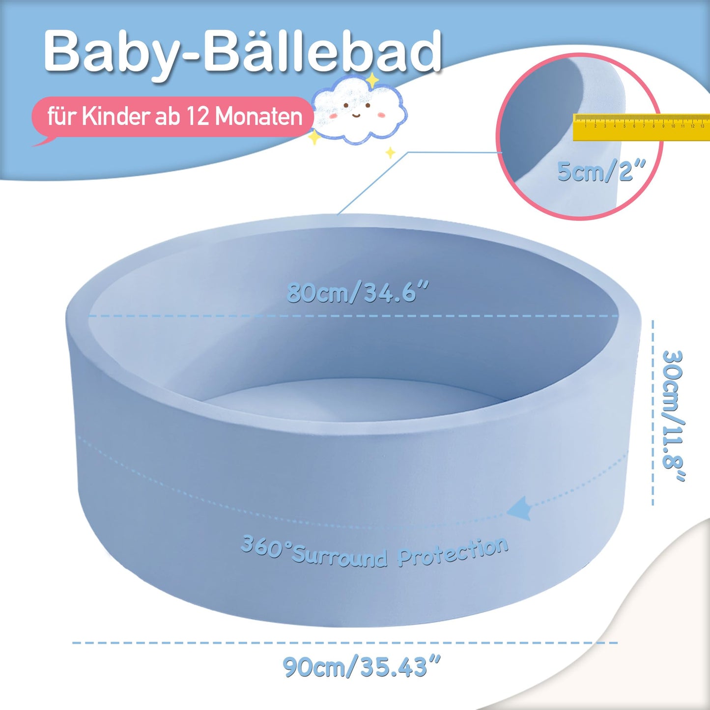 Aunekiv 35.4 x 11.8-Inch Foam Ball Pit for Toddlers – Light Blue