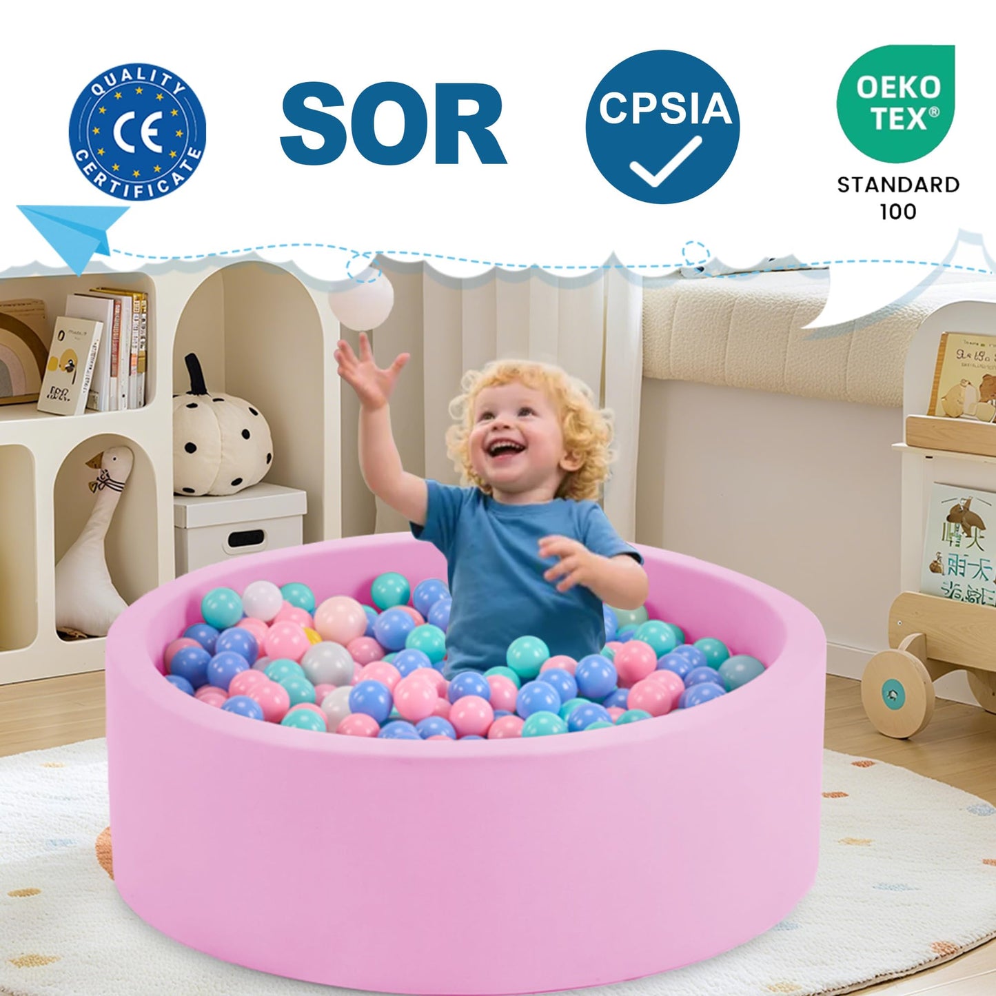 Aunekiv 35.4in x 11.8in Foam Ball Pit for Toddlers – Pink