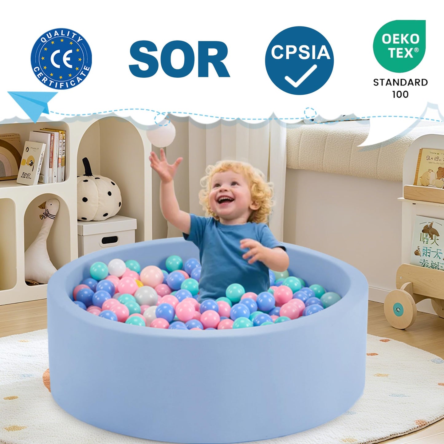 Aunekiv 35.4 x 11.8-Inch Foam Ball Pit for Toddlers – Light Blue