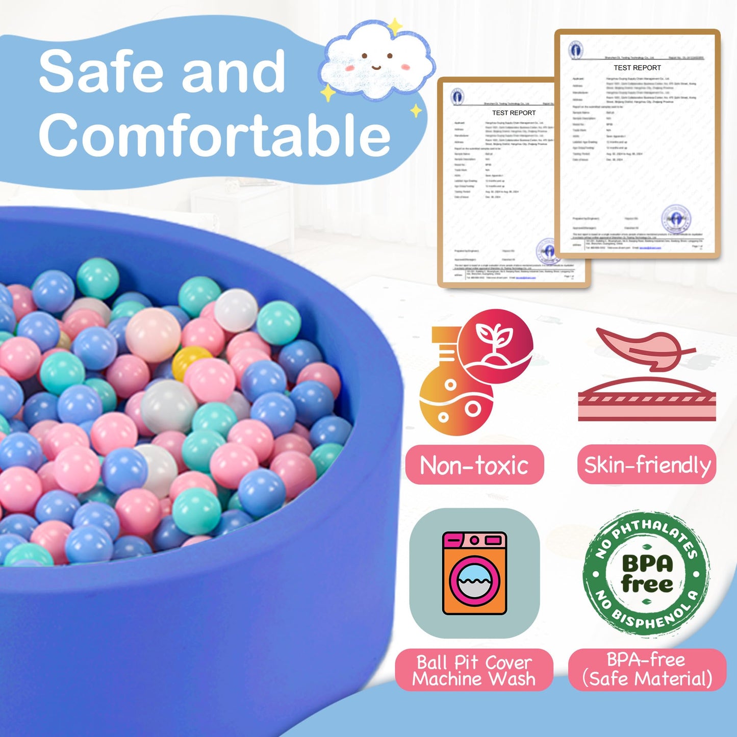 Aunekiv Foam Ball Pit for Toddlers — 35.4 x 11.8 in, Blue (Balls Not Included)