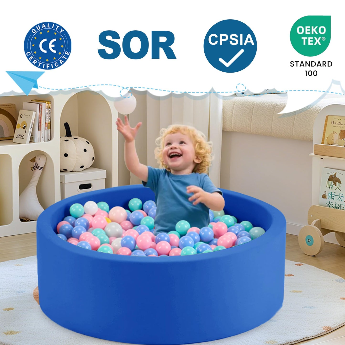 Aunekiv Foam Ball Pit for Toddlers — 35.4 x 11.8 in, Blue (Balls Not Included)