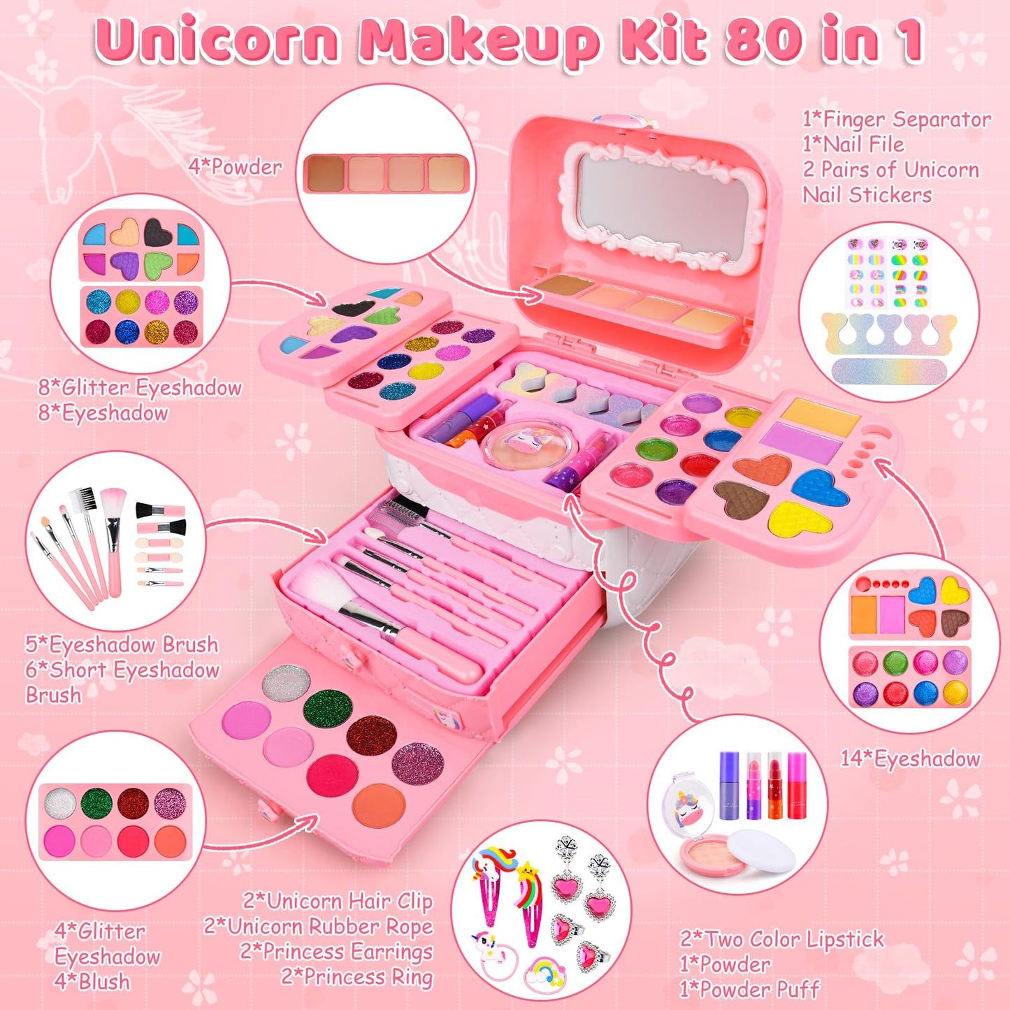 Auney 80 PCS Kids Makeup Kit — Unicorn Dress-Up for Girls 3-8