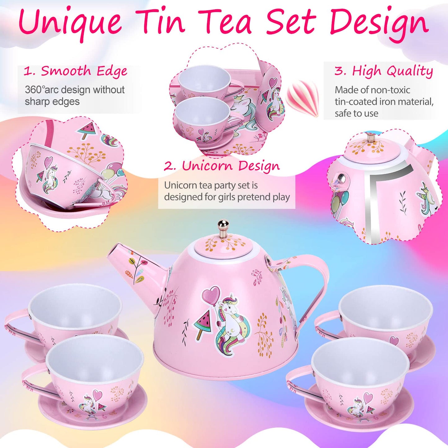 Auney Unicorn Tea Set 36pcs for Girls | Tin Tea Party Playset with Carrying Case