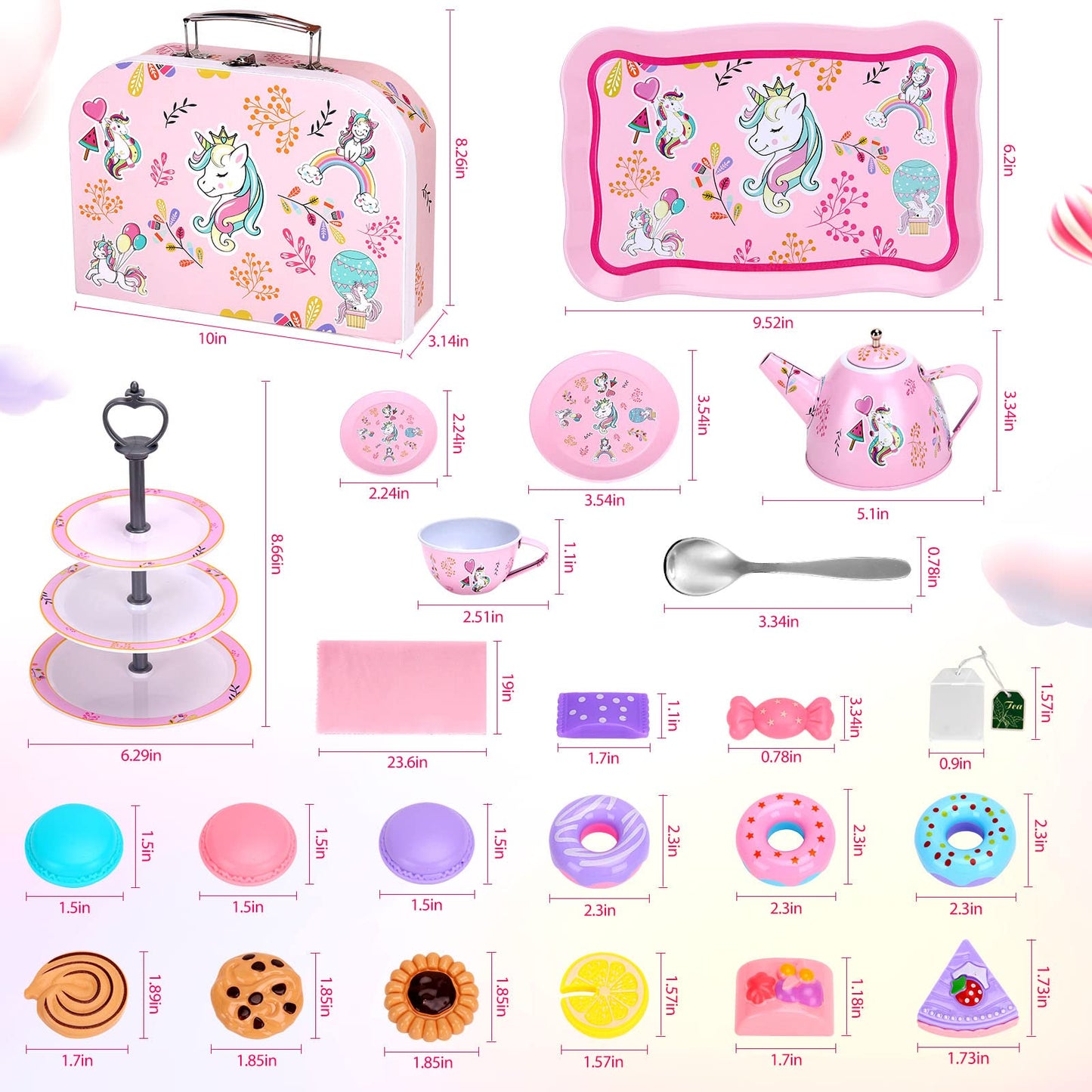 Auney Unicorn Tea Set 36pcs for Girls | Tin Tea Party Playset with Carrying Case