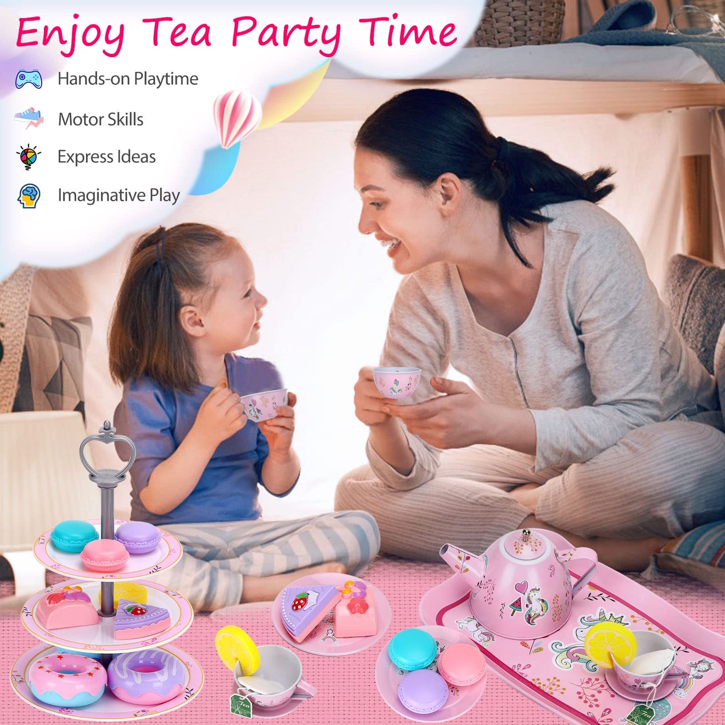 Auney Unicorn Tea Set 36pcs for Girls | Tin Tea Party Playset with Carrying Case