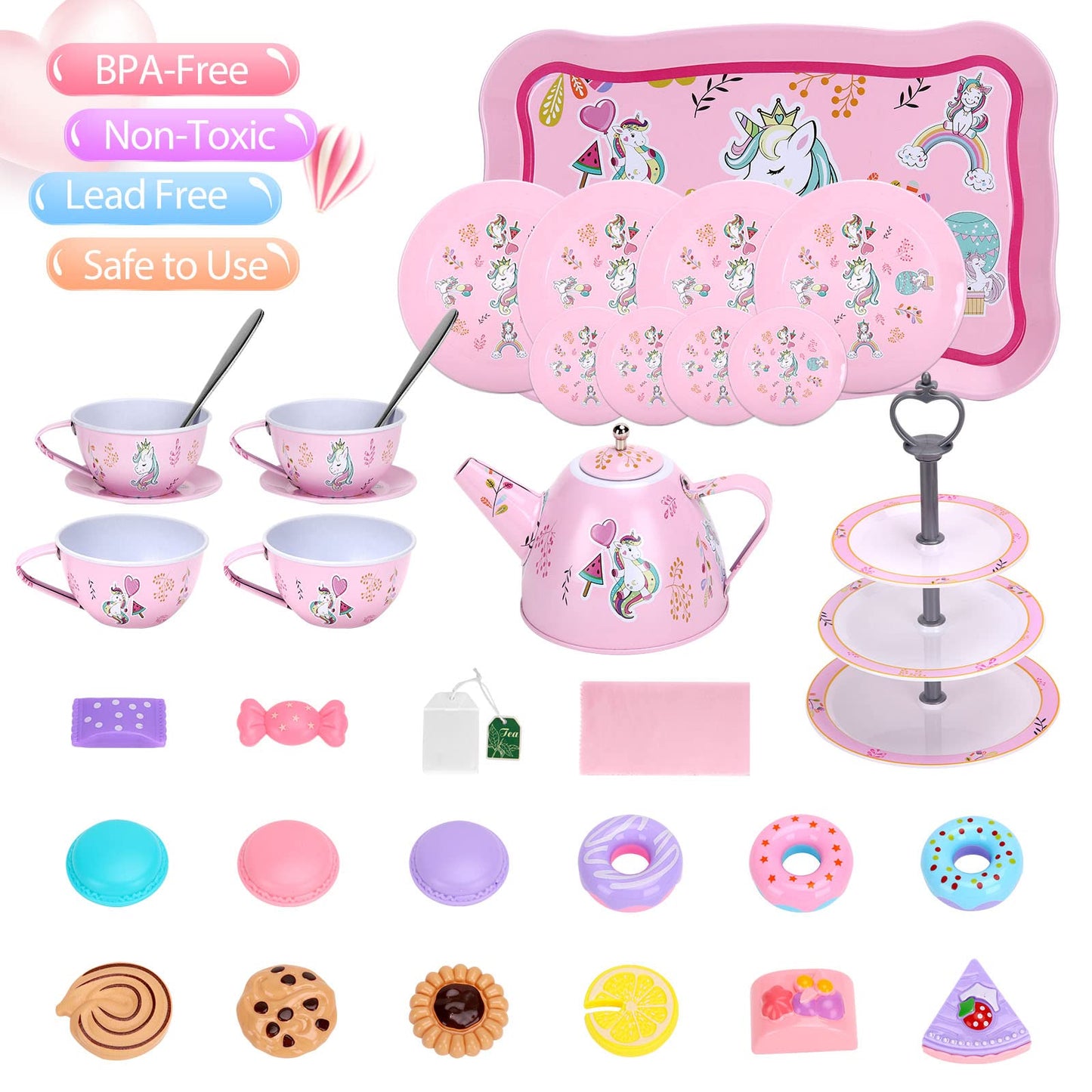 Auney Unicorn Tea Set 36pcs for Girls | Tin Tea Party Playset with Carrying Case