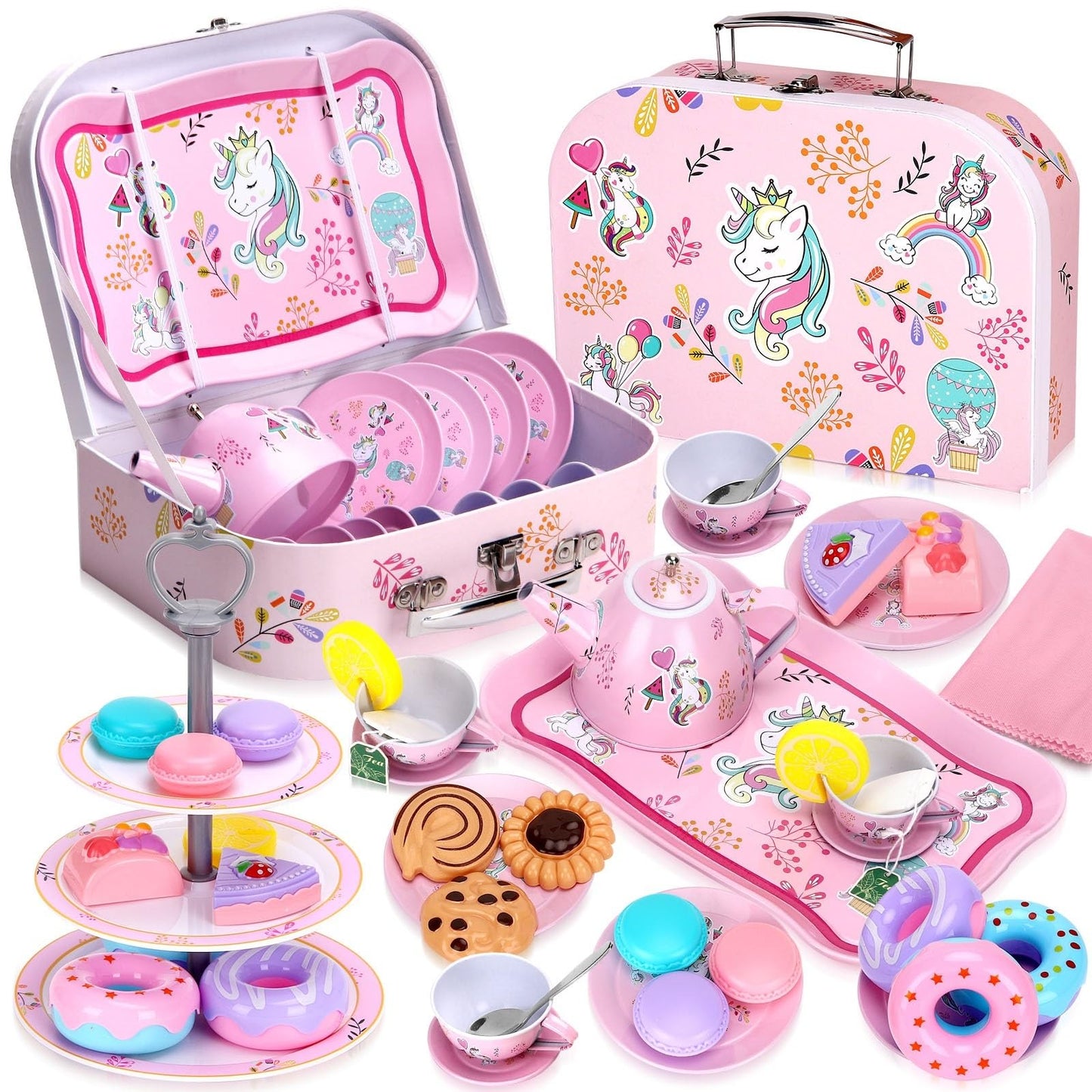 Auney Unicorn Tea Set 36pcs for Girls | Tin Tea Party Playset with Carrying Case