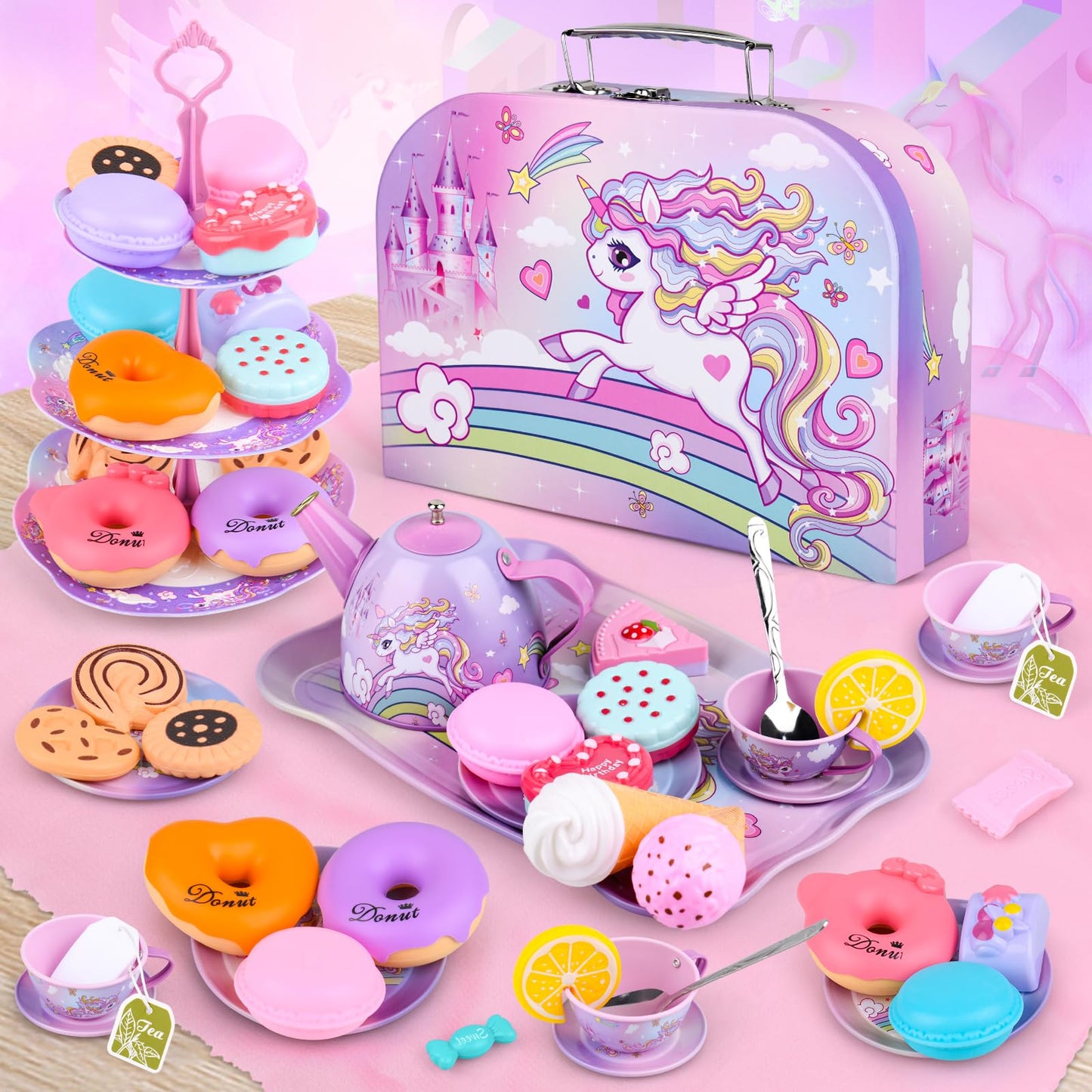 Auney Unicorn Tea Set Toys for Girls — 36pc Pretend Play Kit with Carrying Case