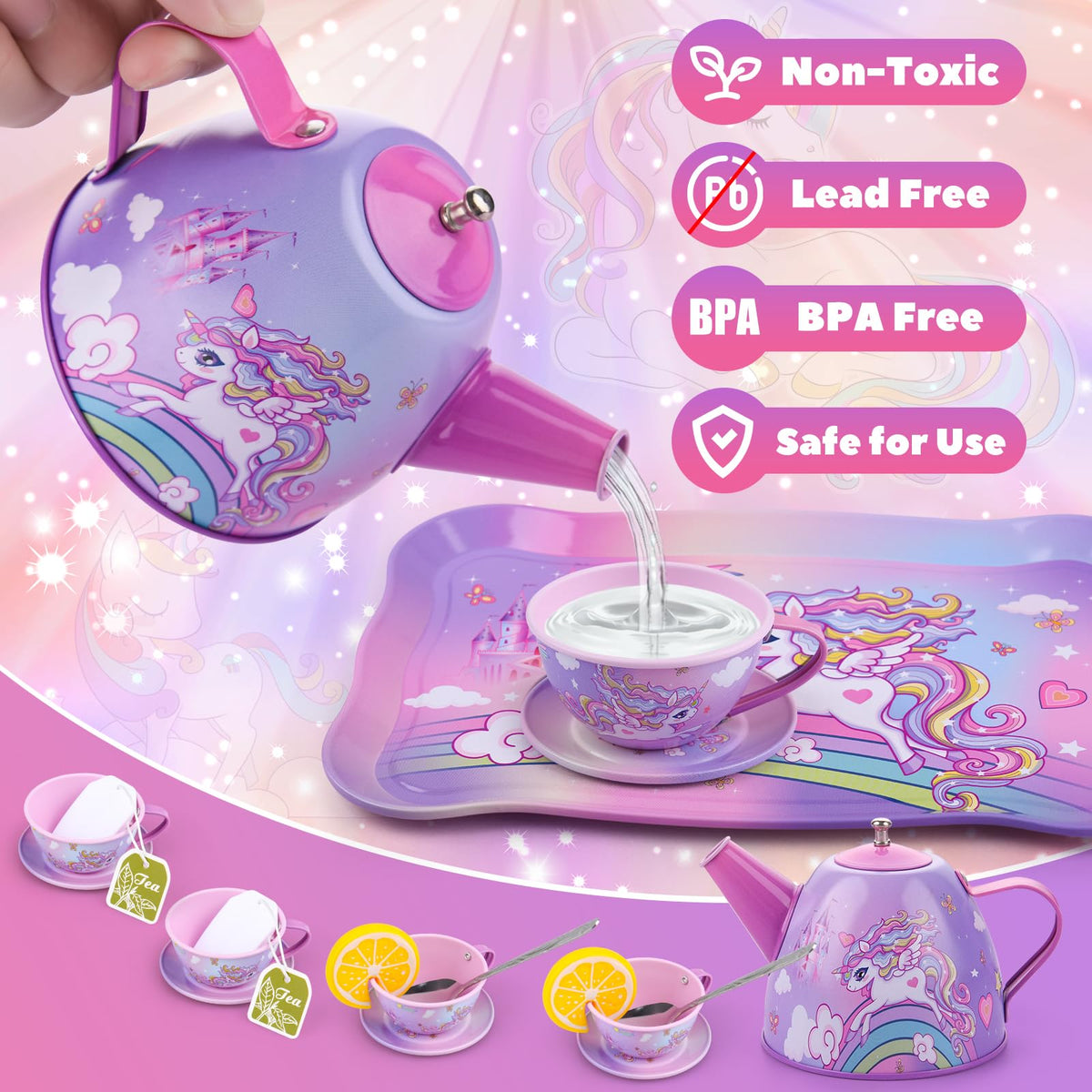 Auney Unicorn Tea Set Toys for Girls — 36pc Pretend Play Kit with Carrying Case